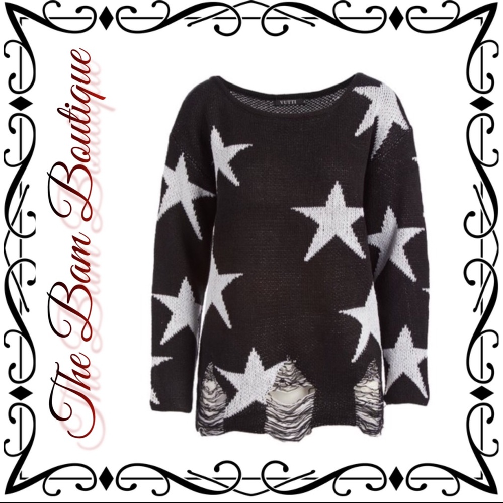 Black Star Distressed Boatneck Pullover
